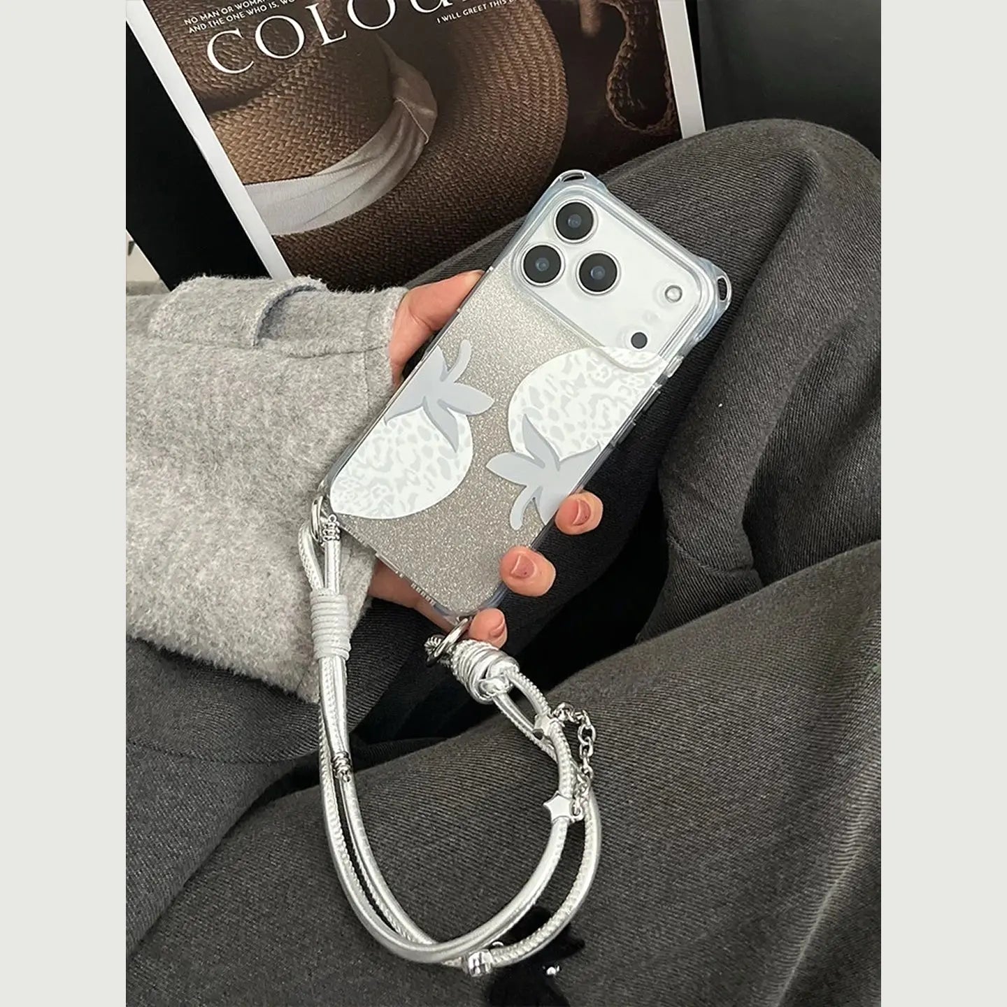 Transparent Gray Strawberry iPhone Case with Silver Leather Strap SEACASE
