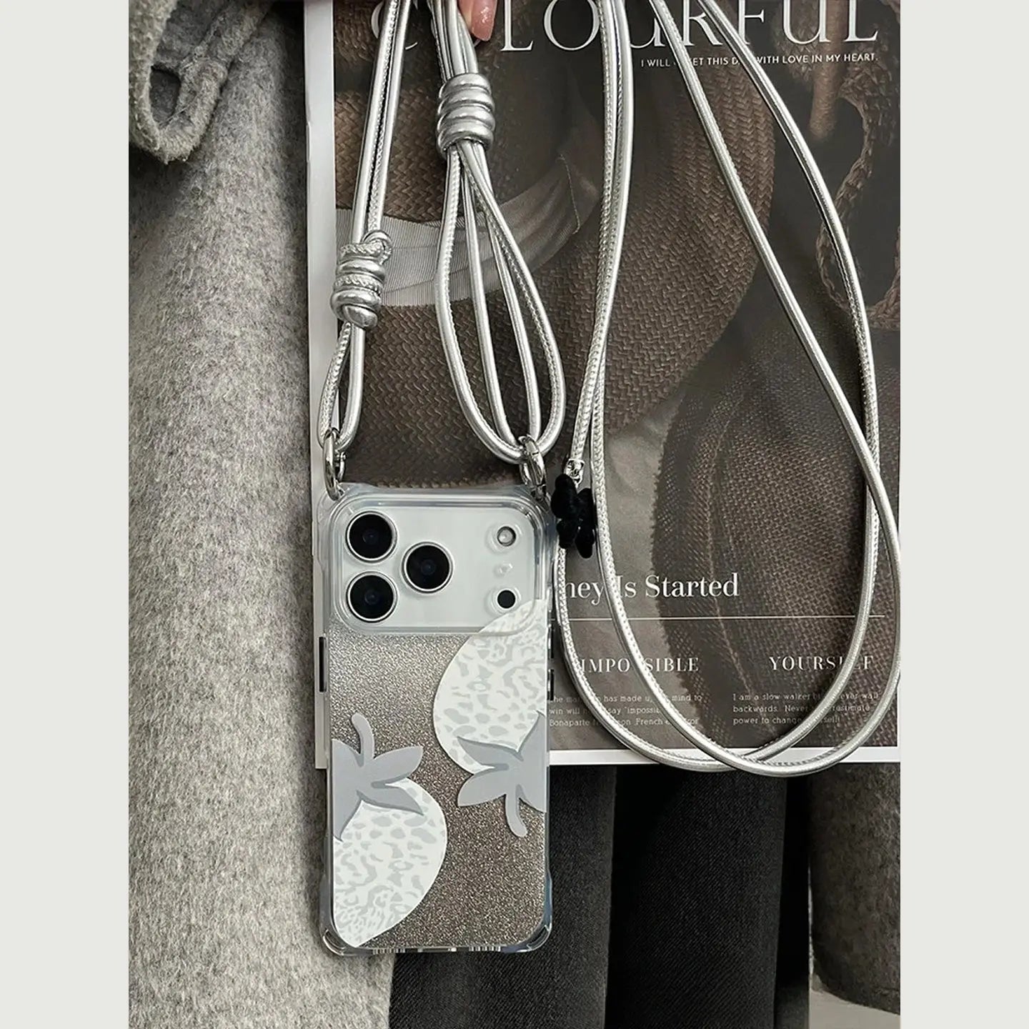 Transparent Gray Strawberry iPhone Case with Silver Leather Strap SEACASE