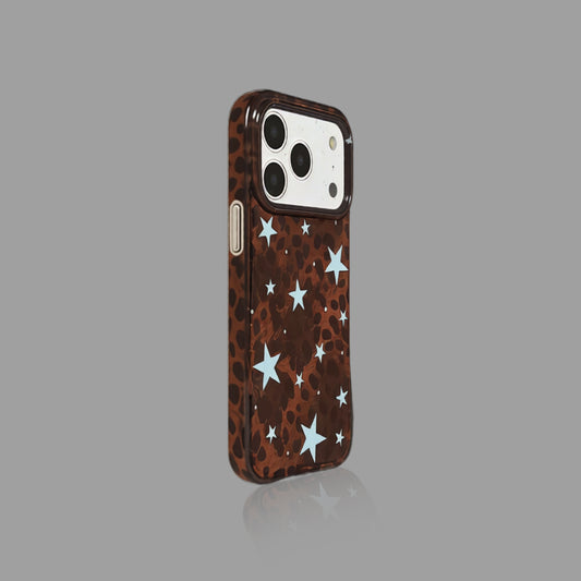 Dark Brown Leopard Print iPhone Case with Blue Star Accents, Reflective Tin Foil Texture