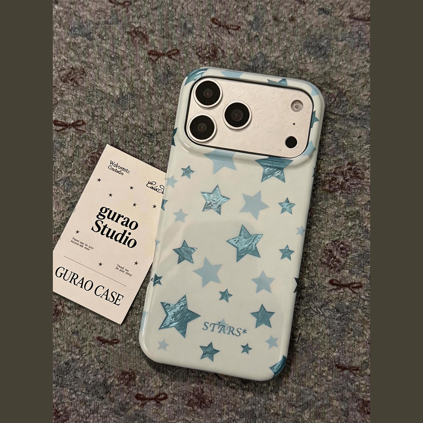 Foil Shiny Blue Star Print White iPhone Case