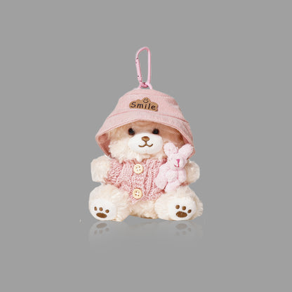 かわいいぬいぐるみくまドールバッグチャーム、うさぎがくまを抱きしめるバックパックペンダント