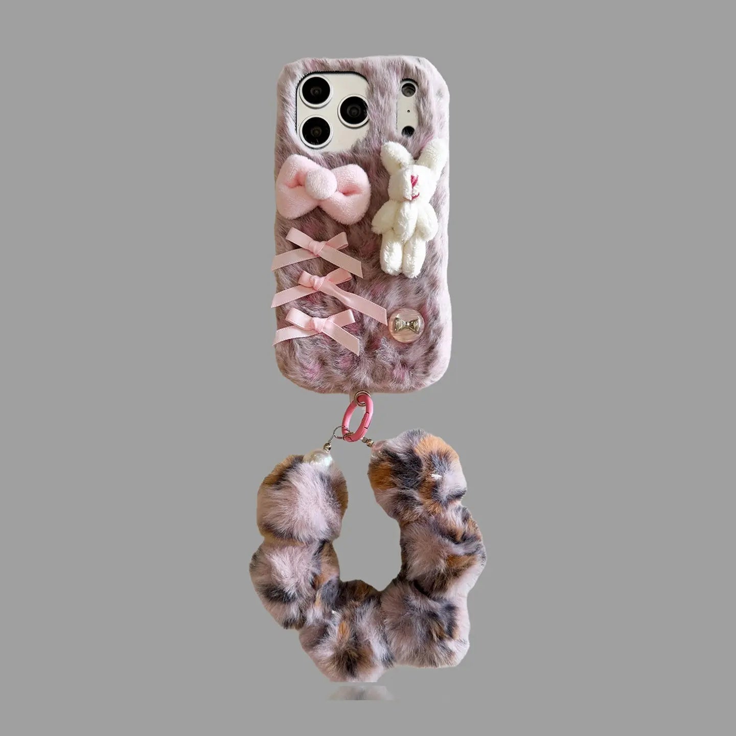 Cute Leopard Plush Phone Case – Teddy/Bunny & Bow Design SEACASE