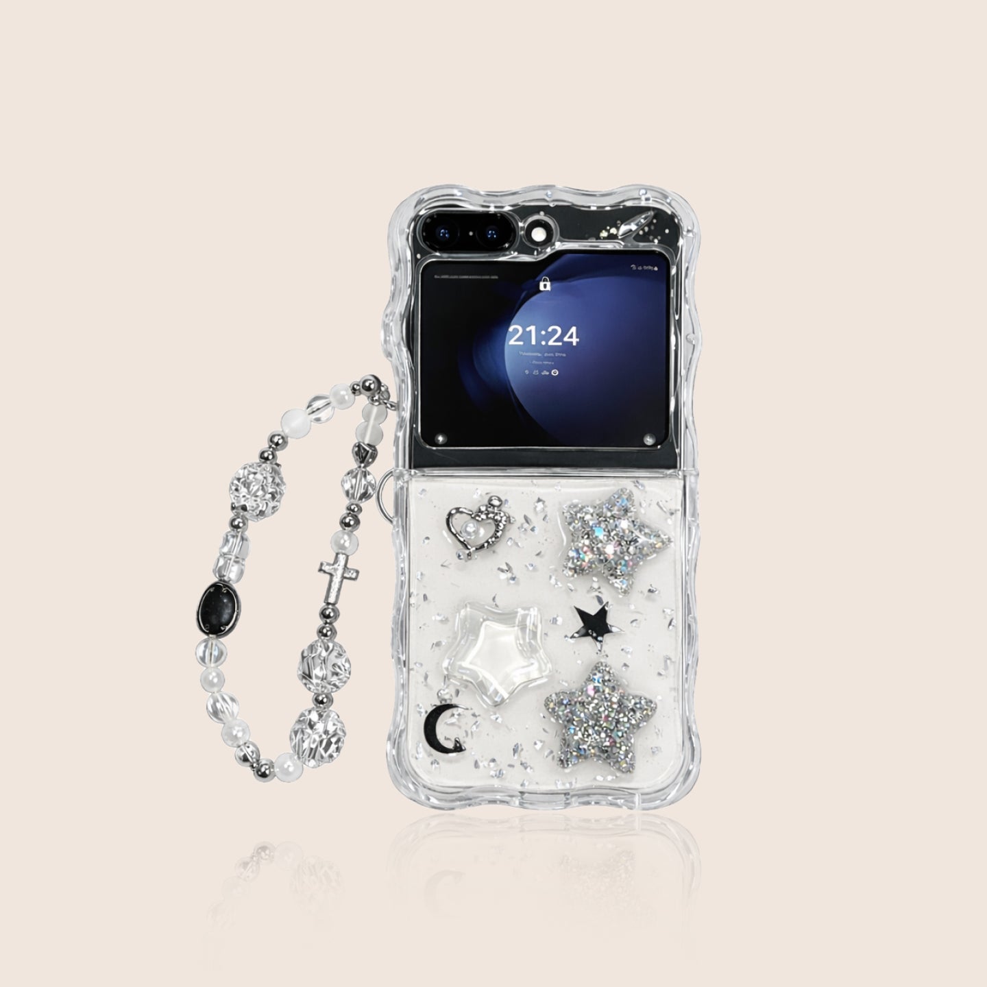 Glamorous Flip Phone Case - Sparkling Star & Heart Design