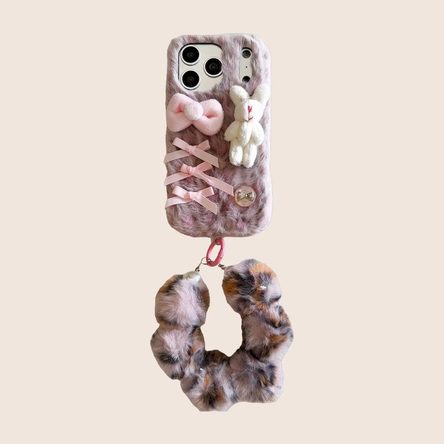 Cute Leopard Plush Phone Case – Teddy/Bunny & Bow Design SEACASE