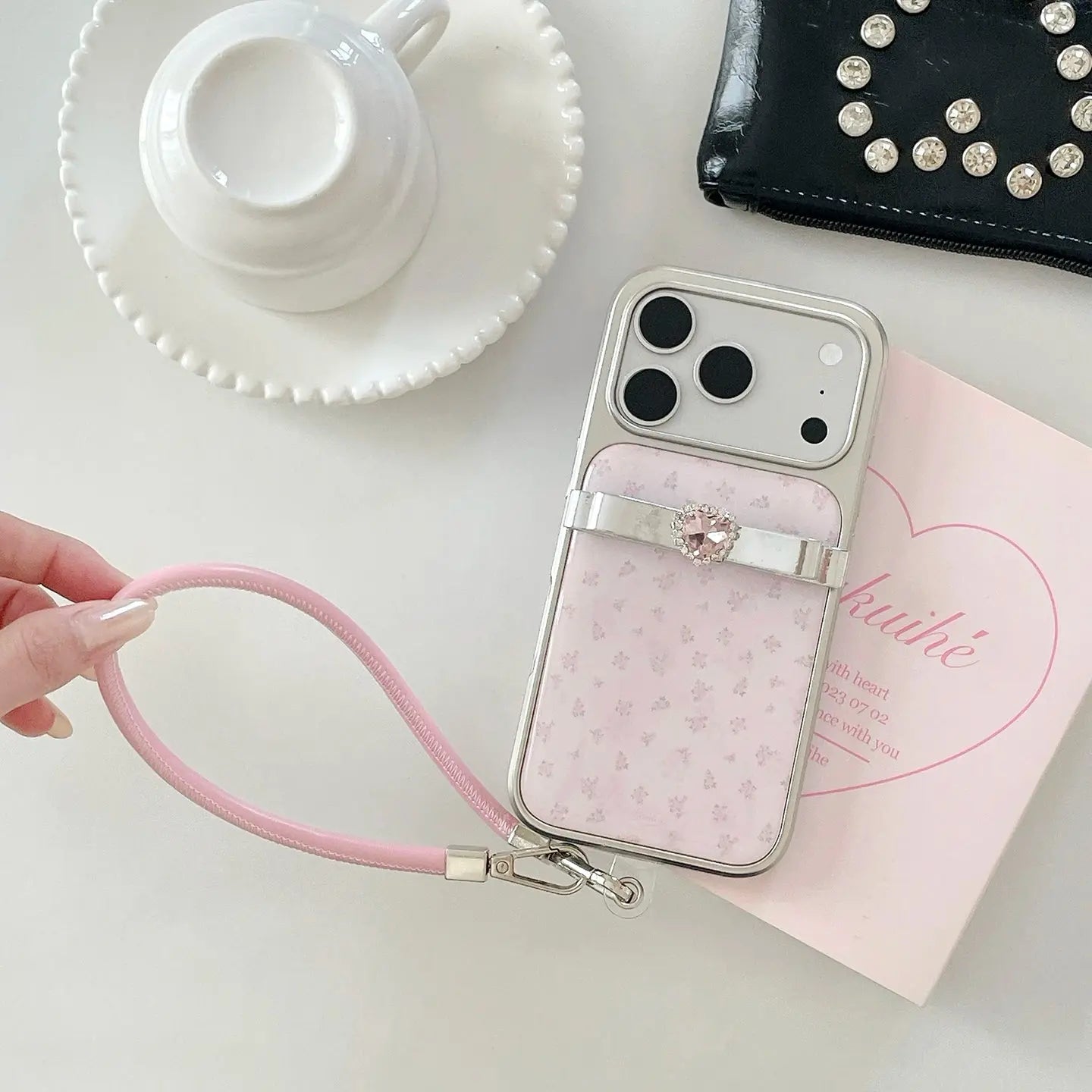 Pink Floral Heart Rhinestone iPhone Case Gentle Style SEACASE