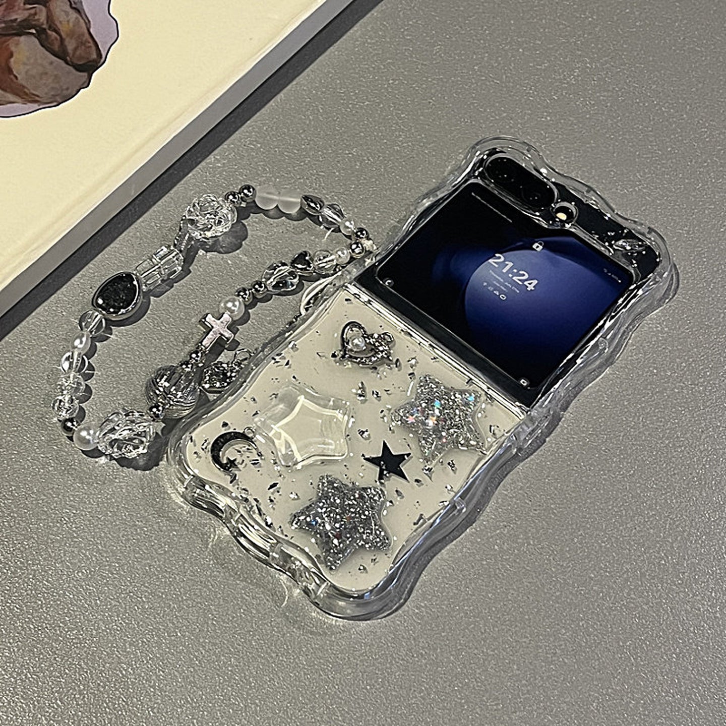 Glamorous Flip Phone Case - Sparkling Star & Heart Design