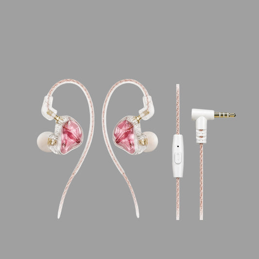 Cherry Pink Clear Shell Wired IEM Earphones with Mic, Optional Lightning / Type-C / USB Audio Adapters for iPhone Android PC Gaming Streaming