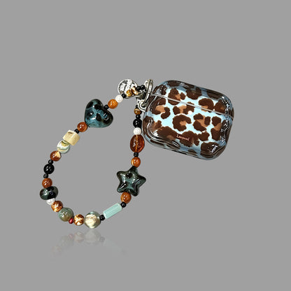 Vintage Blue‑Brown Leopard AirPods Case, Soft TPU Protective Cover with Beaded Pendant Option