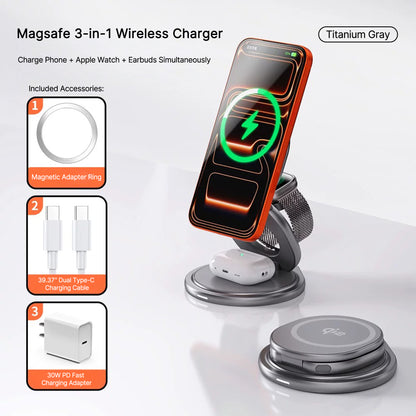 3 in 1 Foldable Magnetic Wireless Charger, Rotatable MagSafe Charging Station for iPhone, iWatch & AirPods