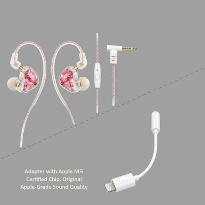 Cherry Pink Clear Shell Wired IEM Earphones with Mic, Optional Lightning / Type-C / USB Audio Adapters for iPhone Android PC Gaming Streaming