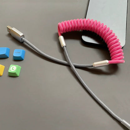 Two-Tone Coiled Braided Charging Cable, Retractable Spring Cord Supports CarPlay & CarLife Fast Charging