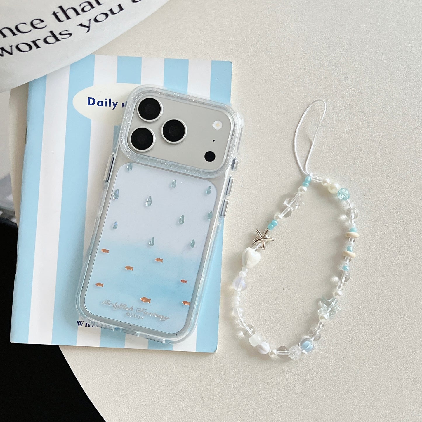 Ocean Fish & Water Drop Print iPhone Case with Starfish Bead Chain