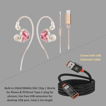 Cherry Pink Clear Shell Wired IEM Earphones with Mic, Optional Lightning / Type-C / USB Audio Adapters for iPhone Android PC Gaming Streaming