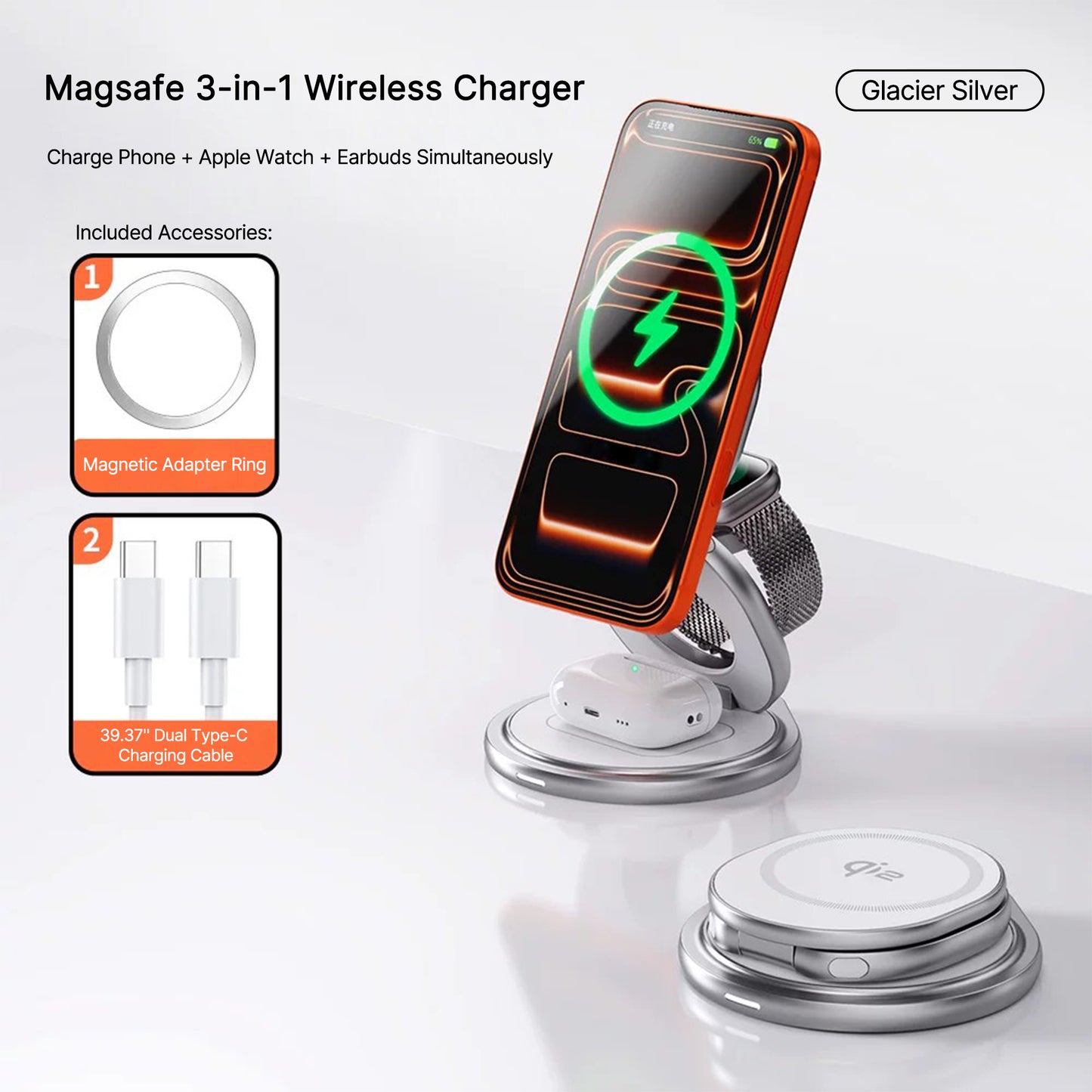3 in 1 Foldable Magnetic Wireless Charger, Rotatable MagSafe Charging Station for iPhone, iWatch & AirPods