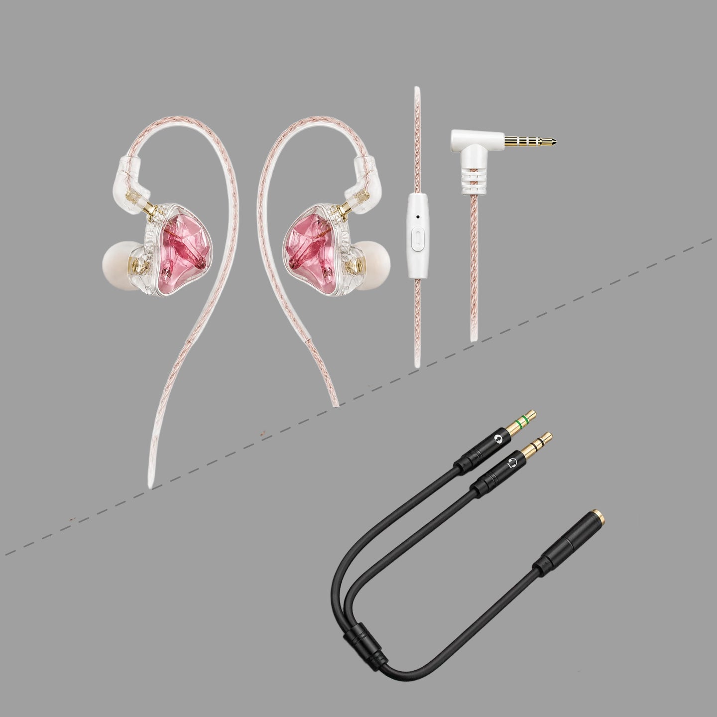 Cherry Pink Clear Shell Wired IEM Earphones with Mic, Optional Lightning / Type-C / USB Audio Adapters for iPhone Android PC Gaming Streaming