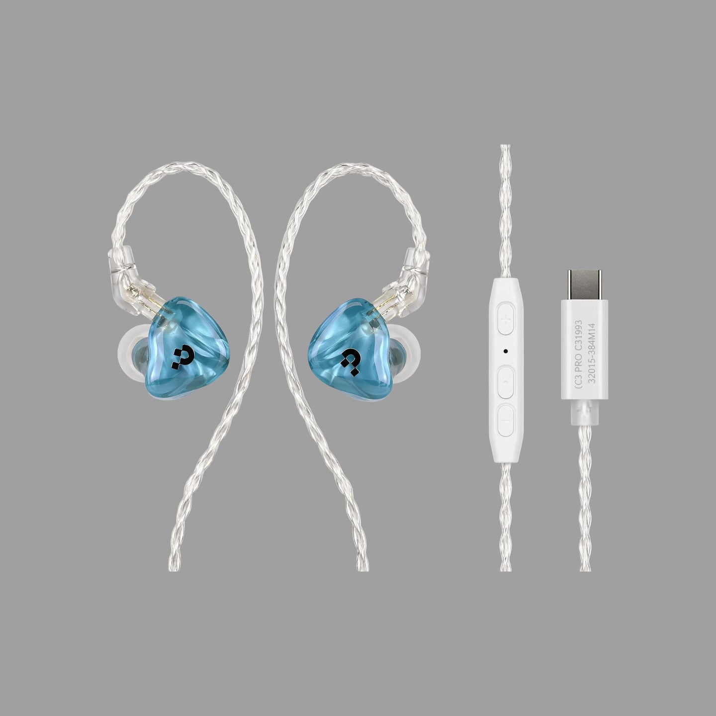 Pixel Art Resin Wired In Ear Earphones, Crystal Blue Headphones with Optional Mic & Type-C Plug for Daily Music Calls