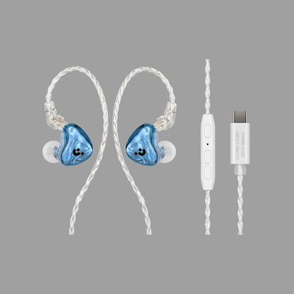 Pixel Art Resin Wired In Ear Earphones, Crystal Blue Headphones with Optional Mic & Type-C Plug for Daily Music Calls