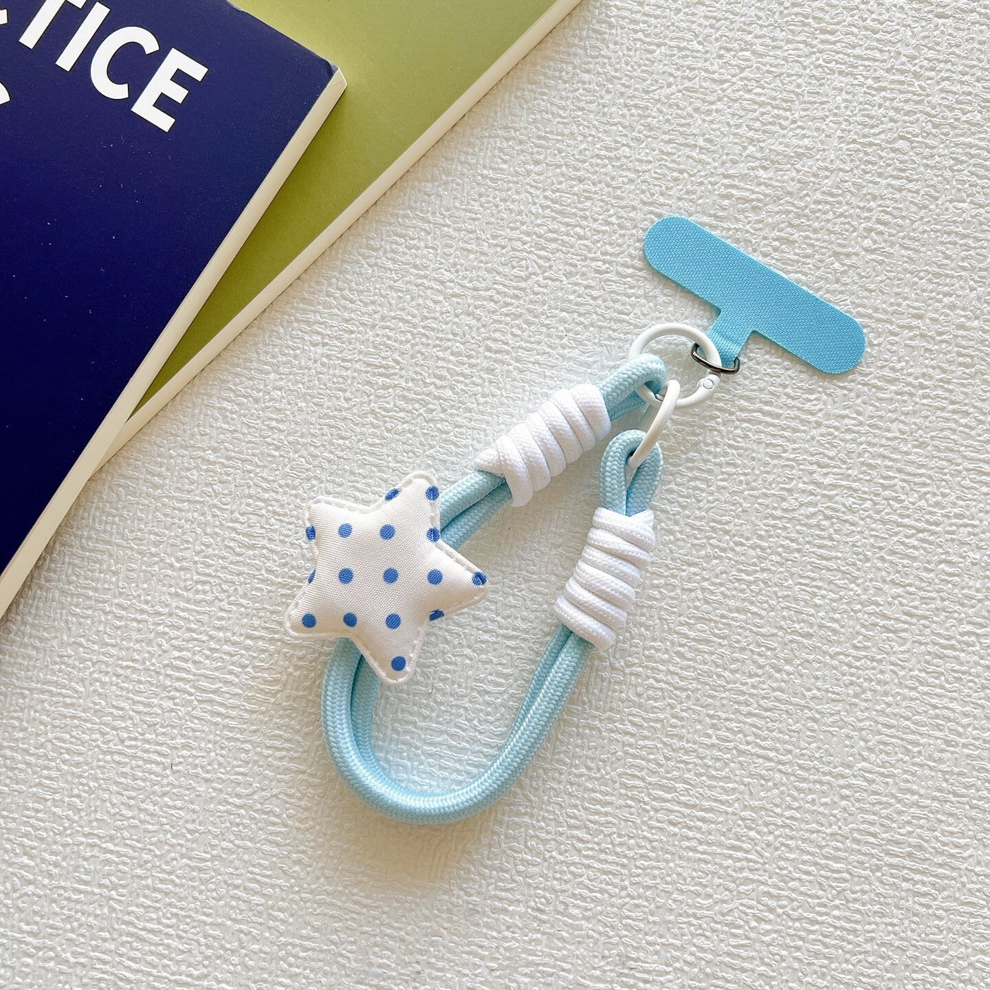 Blue Polka Dot & Gingham Star Wrist Strap, Cute Braided Phone Lanyard with T‑Shape Patch