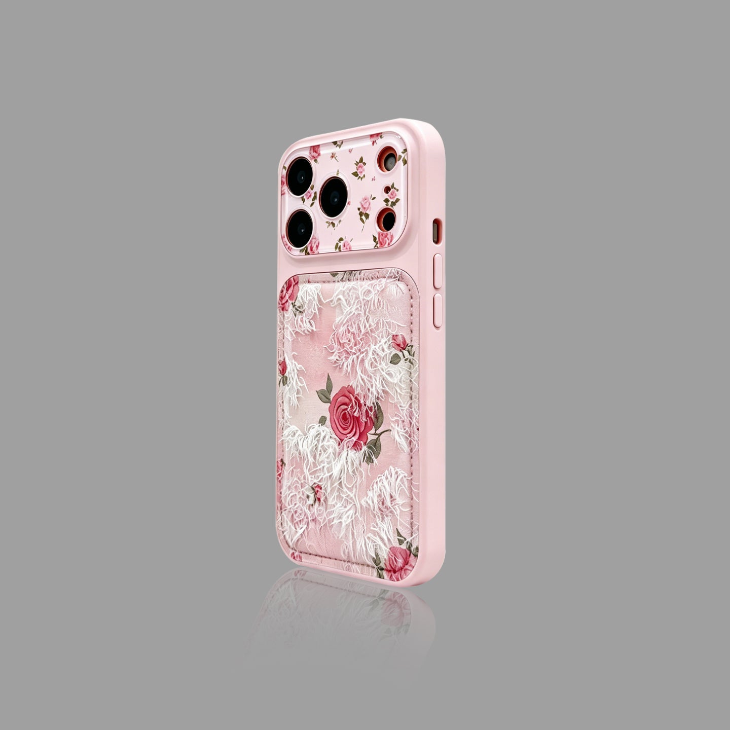 Pink Rose Lace Fringe iPhone Case, Vintage Floral Leather‑Texture Protective Cover