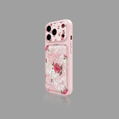 Pink Rose Lace Fringe iPhone Case, Vintage Floral Leather‑Texture Protective Cover