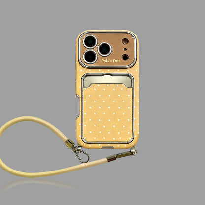 Macaron Color Polka Dot iPhone Case, Soft Full Cover with Card Holder & Lanyard