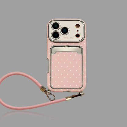 Macaron Color Polka Dot iPhone Case, Soft Full Cover with Card Holder & Lanyard