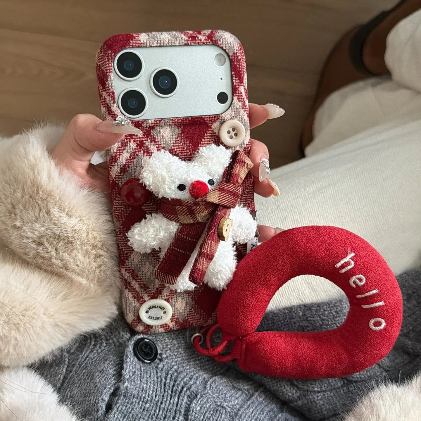 Fuzzy Plaid Scarf Bear iPhone Case SEACASE
