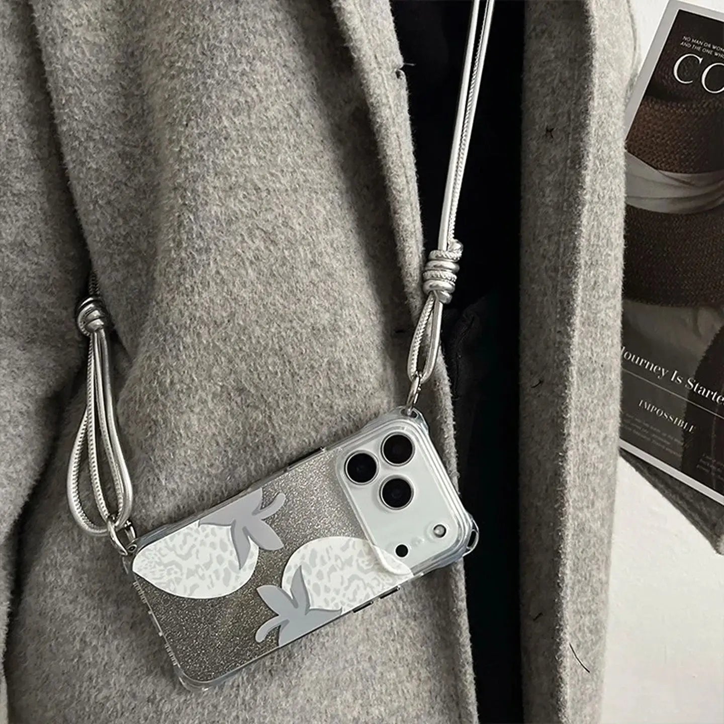 Transparent Gray Strawberry iPhone Case with Silver Leather Strap SEACASE