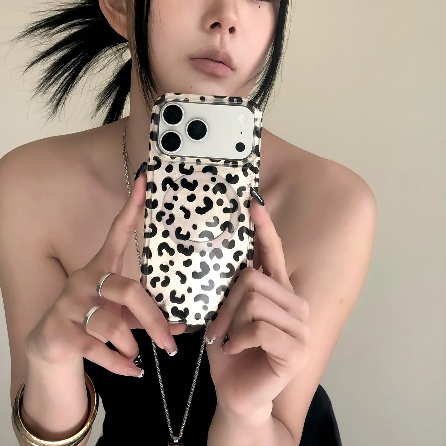 Vintage Leopard Print Magnetic iPhone Case, Reflective Tin Foil Texture