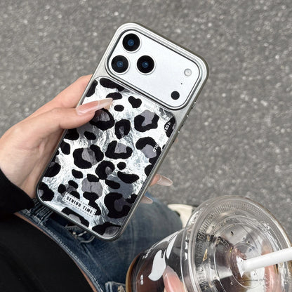 Vintage Black Leopard Print iPhone Case, Reflective Tin Foil Texture