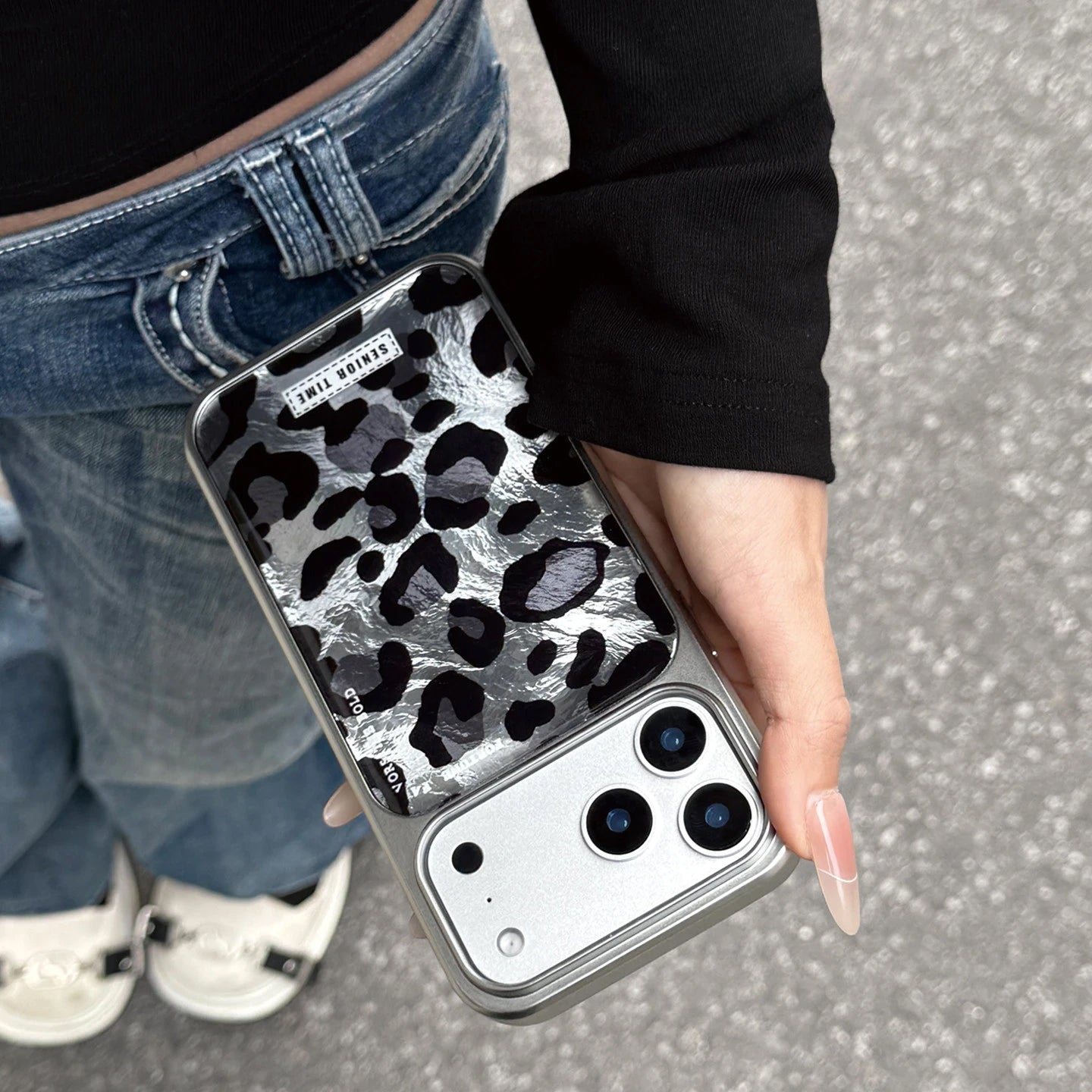 Vintage Black Leopard Print iPhone Case, Reflective Tin Foil Texture