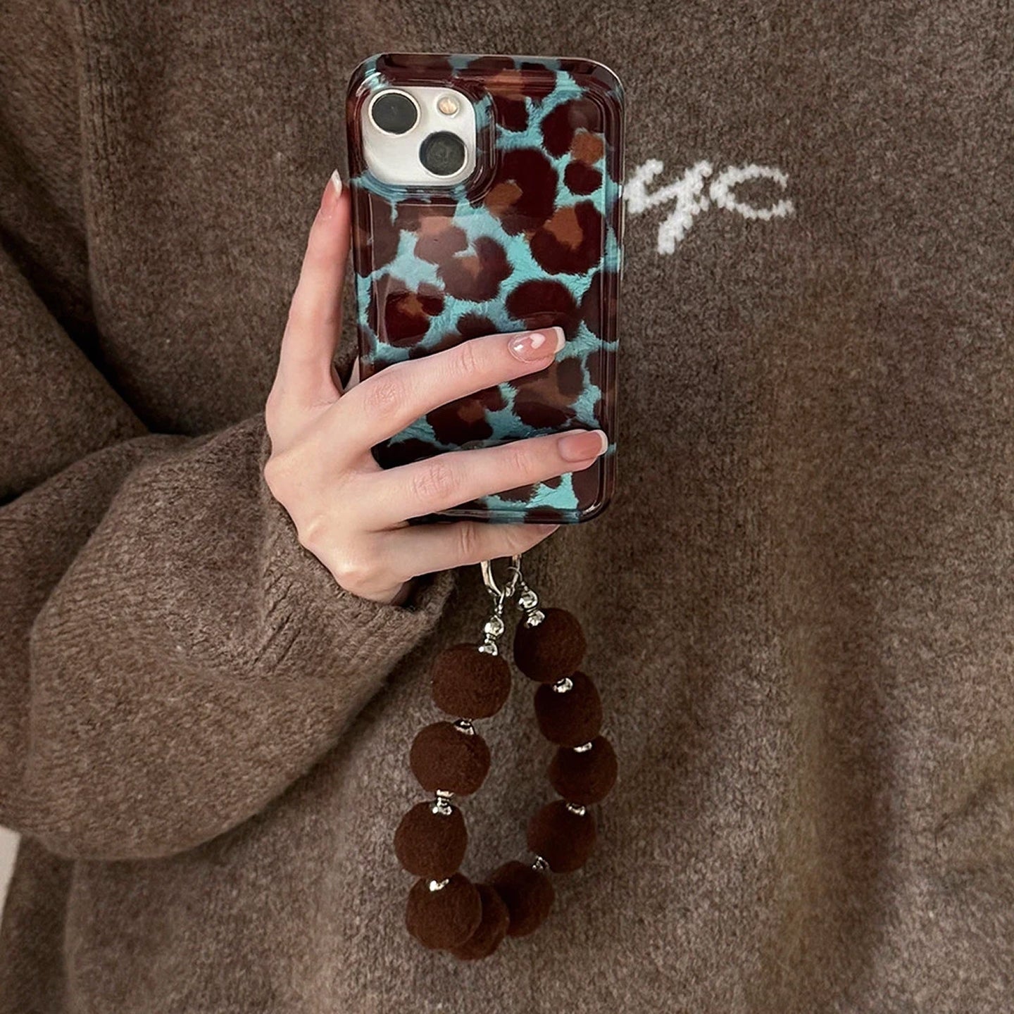 Vintage Blue-Brown Leopard Print iPhone Case, Reflective Tin Foil Surface