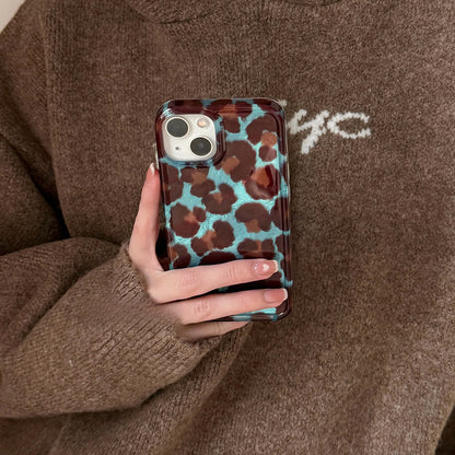 Vintage Blue-Brown Leopard Print iPhone Case, Reflective Tin Foil Surface