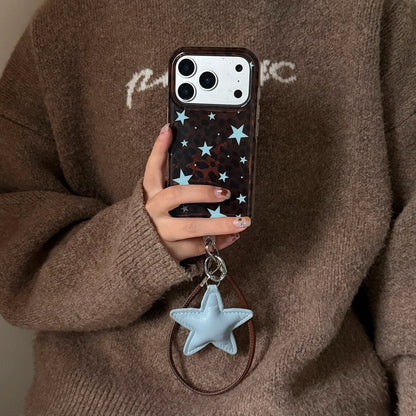 Dark Brown Leopard Print iPhone Case with Blue Star Accents, Reflective Tin Foil Texture