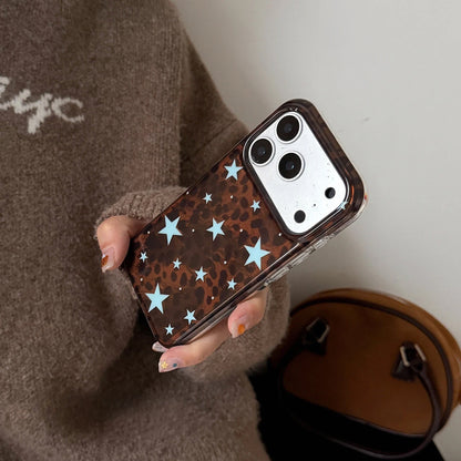 Dark Brown Leopard Print iPhone Case with Blue Star Accents, Reflective Tin Foil Texture